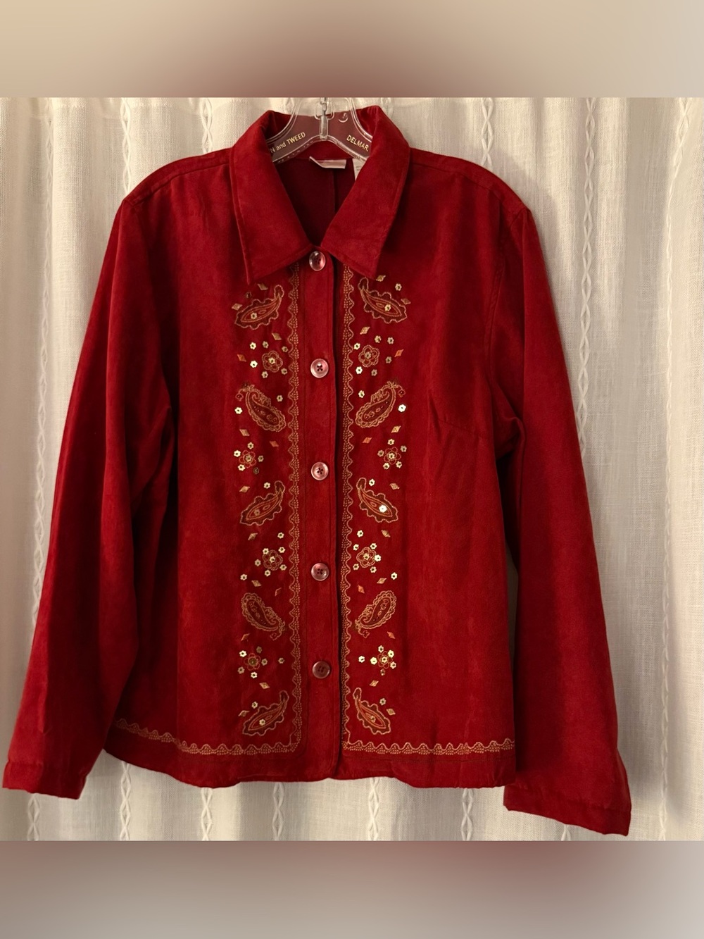 Erika faux suede, button blouse w/paisley embroidery & sequin accents. Sz. L